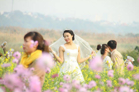 Bãi đá sông Hồng trở thành điểm thu hút các dịch vụ chụp ảnh cưới.