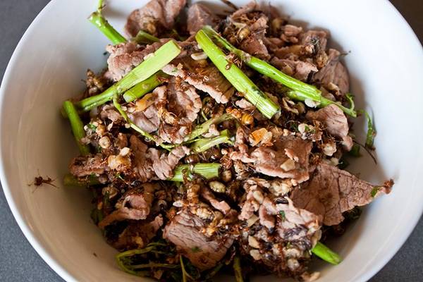 Kiến đỏ xào bò: Món ăn nghe có vẻ rất lạ này được làm từ kiến đủ kích cỡ xào với gừng, ớt, sả, tỏi, hẹ tây và bò thái mỏng. Kiến đỏ xào bò thường được ăn cùng cơm. Ảnh: Abejero.