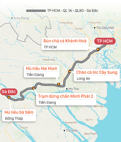 Quán ăn gợi ý trên đường từ TP HCM đi Sa Đéc. Đồ họa: Tạ Lư.