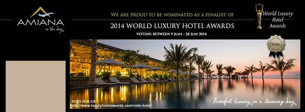 2014 vừa qua, Amiana Resort Nha Trang vinh dự được nhận giải thưởng uy tín World Luxury Hotel Awards 2014 với đề cử là “Khu nghỉ dưỡng sang trọng dành cho tình nhân”.