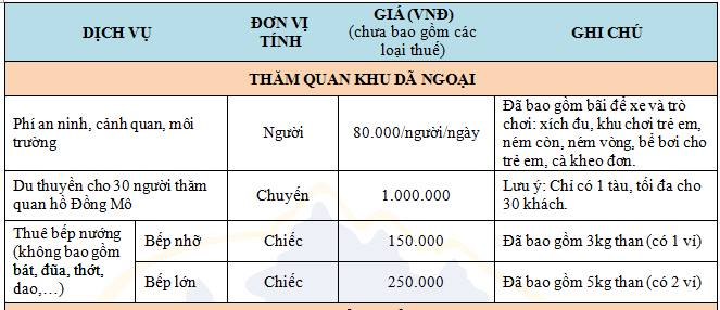 Bảng giá vé dịch vụ chi tiết tại Sơn Tinh Camp