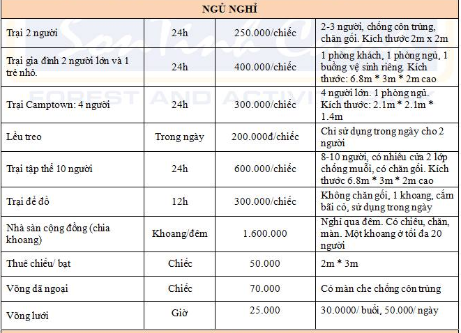 Bảng giá thuê lều trại chi tiết tại Sơn Tinh Camp