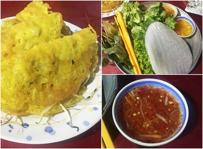 Bánh xèo Sài Gòn giòn rụm với rau sống và nước mắm Bánh xèo Sài Gòn giòn rụm với rau sống và nước mắm