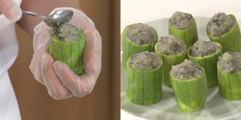 Nhồi nhân tôm thịt vào từng khúc mướp