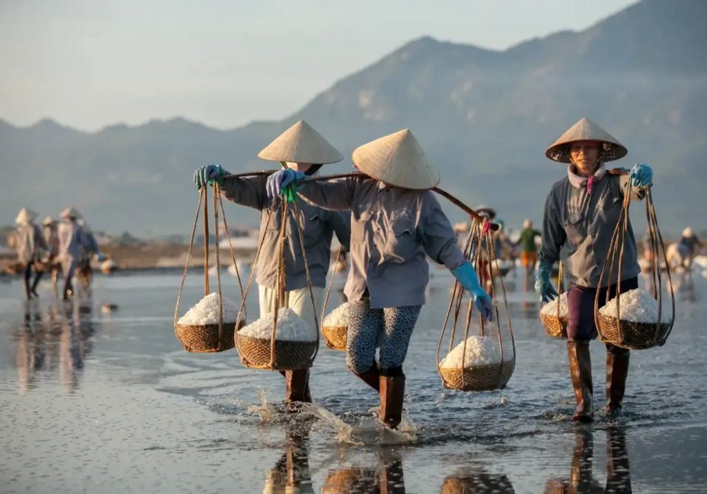 Hình ảnh nữ diêm dân tần tảo tại cánh đồng muối Hòn Khói