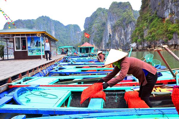 Người chèo đò vịnh Hạ Long vệ sinh thuyền trước khi đón khách