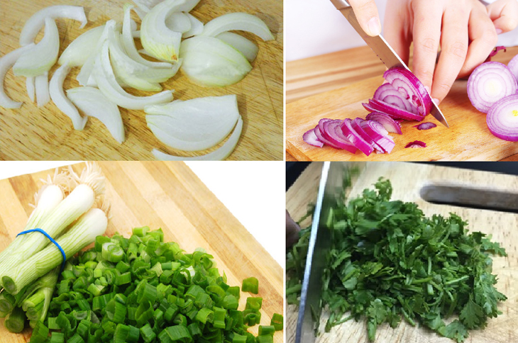 Sơ chế hành tây và rau thơm cho bò lúc lắc