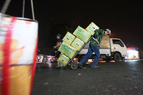 Xe kéo tự chế chở đầy trái cây di chuyển hối hả trong lòng chợ đầu mối hoa quả.