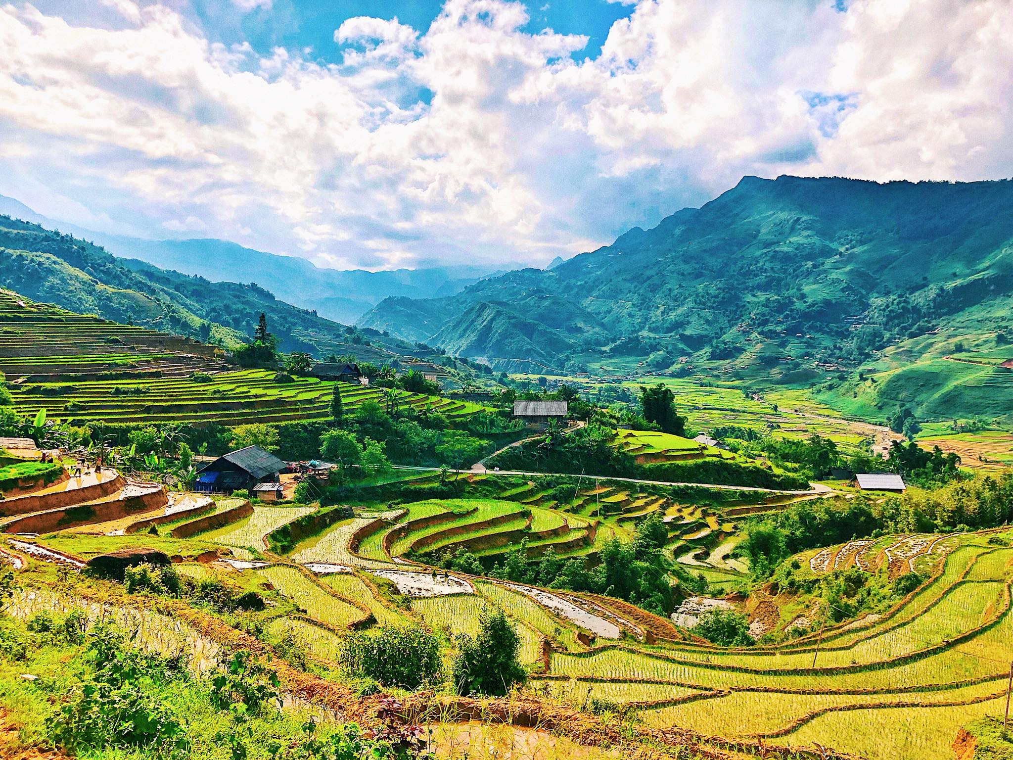 Vẻ đẹp hoang sơ, mộc mạc của những thửa ruộng bậc thang xanh rì tầng tầng lớp lớp xếp trên sườn núi như mời gọi du khách về với chốn bình yên, trong trẻo này. Ảnh: Châu Hoàng Bảo Ngọc.