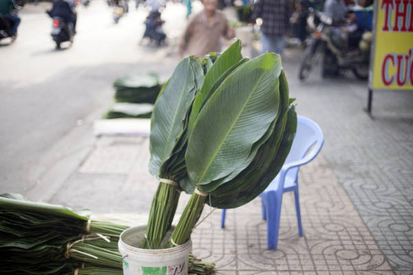 Người dân mua lá dong gói bánh tét