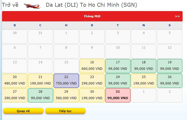Giá vé tham khảo của Vietjet.