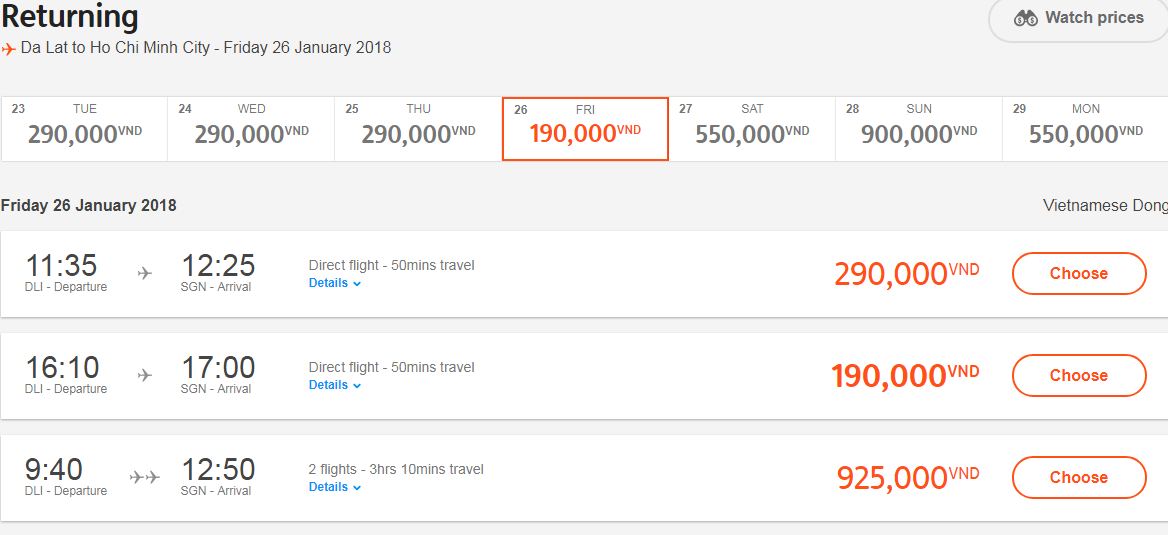 Giá vé tham khảo của Jetstar.
