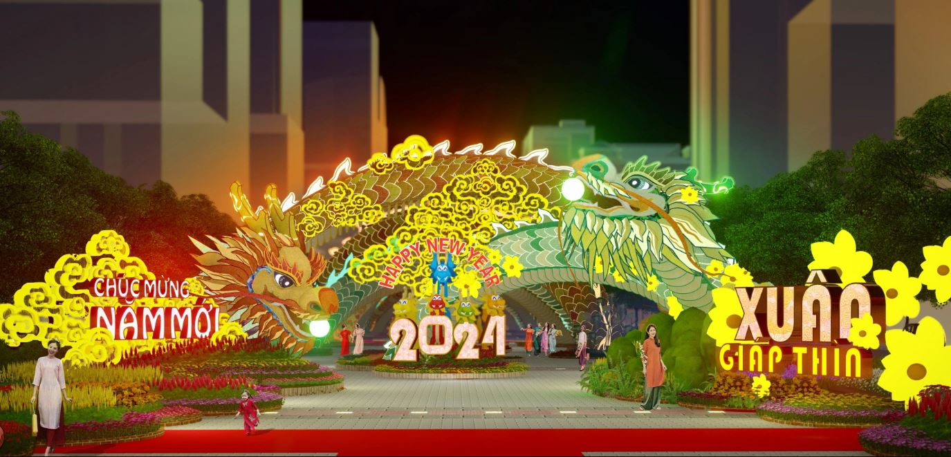 Phác thảo rồng tại đường hoa Nguyễn Huệ Tết Giáp Thìn 2024