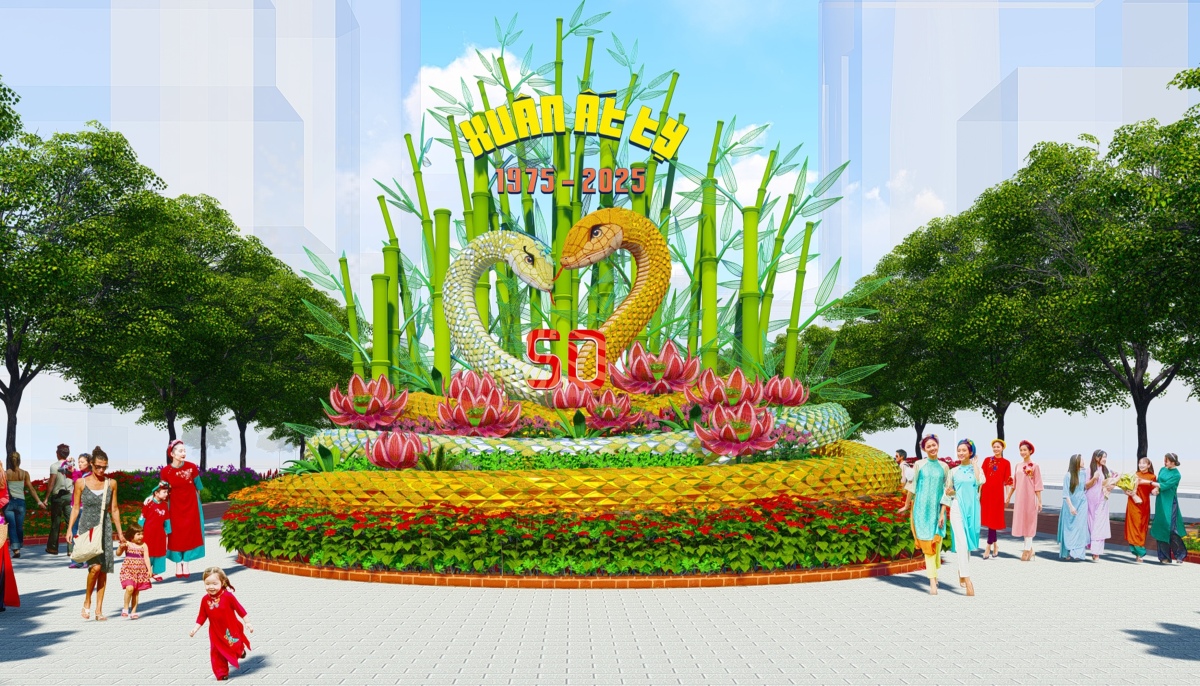 Đôi linh vật rắn ở cổng chào đường hoa