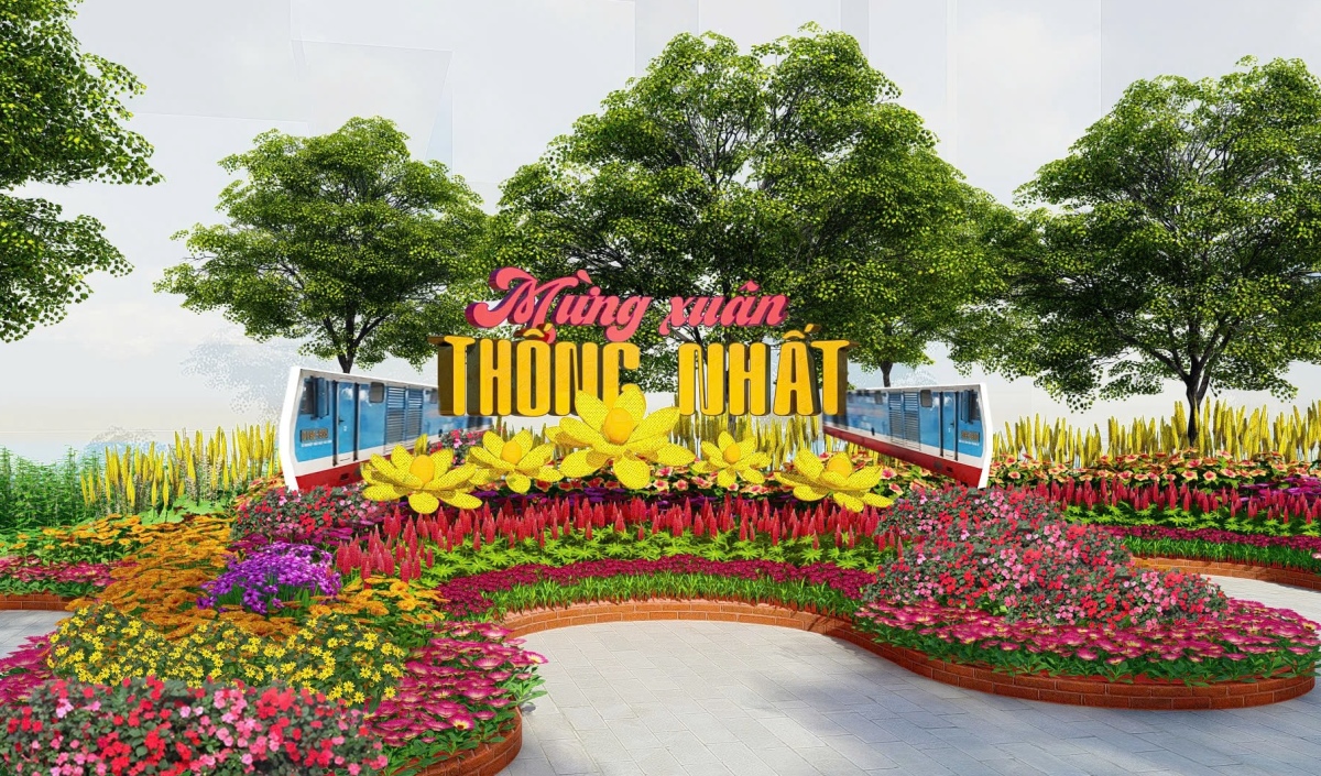 Tiểu cảnh "Mừng xuân thống nhất" mô phỏng đoàn tàu Metro