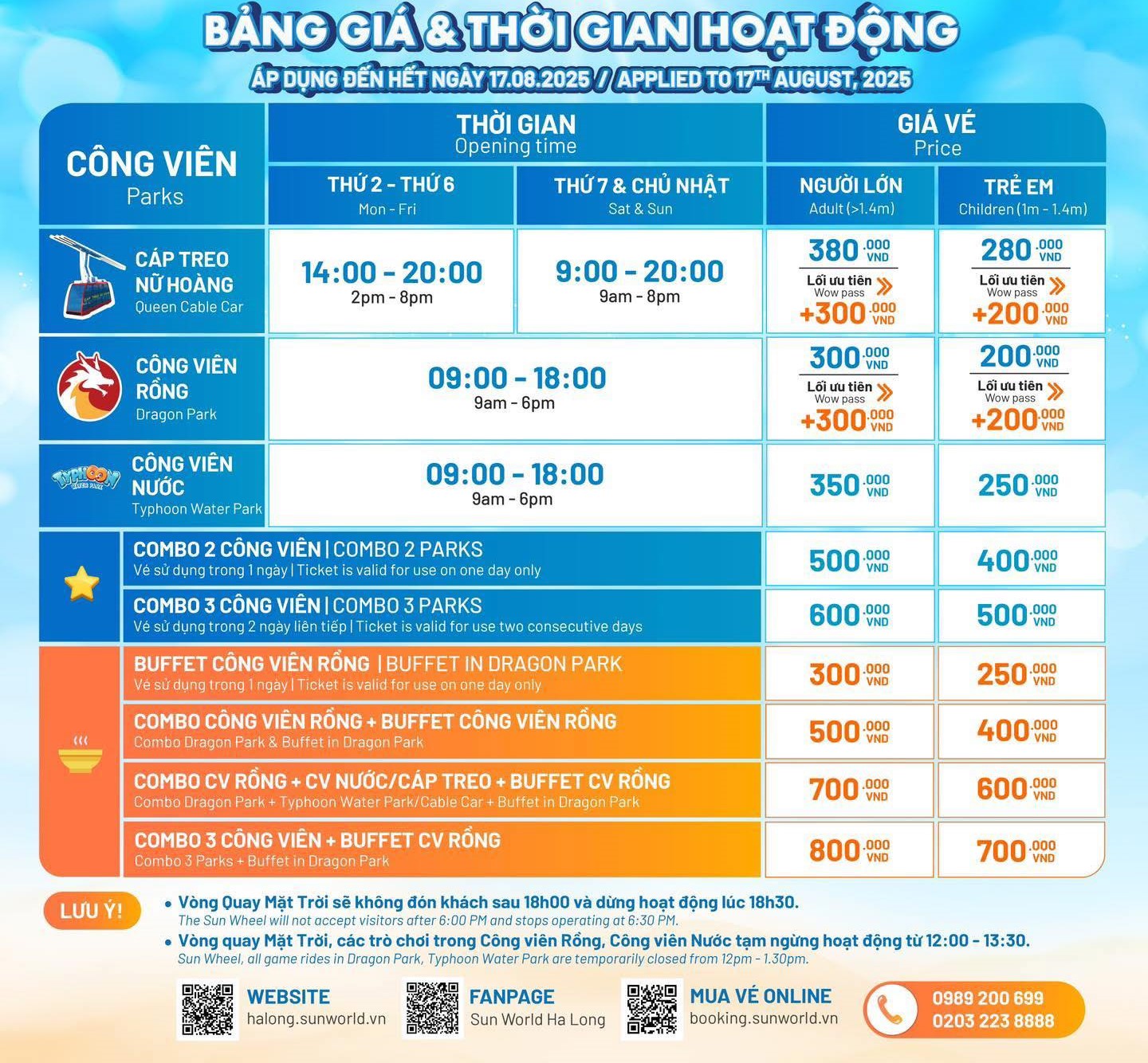 Bảng giá vé Sun World Hạ Long