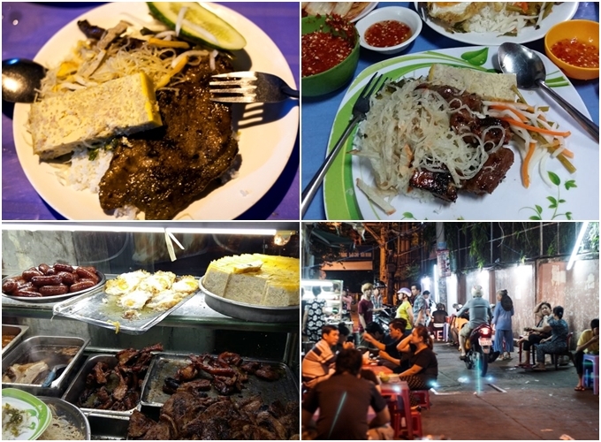 Cơm tấm ma - đường Đinh Tiên Hoàng, quận Bình Thạnh (16h - 4h)  Quán có tên hẳn hoi, nhưng người dân quen gọi là cơm tấm ma do mở cửa muộn, là địa chỉ ăn đêm khá quen thuộc của người Sài thành, đặc biệt là dân lao động đi làm về muộn. Quán không chỉ hút khách nhờ cái tên độc đáo, mà còn ở chất lượng khá ổn. Sườn nướng chín vừa, thơm phức cả con hẻm và chả thì luôn được giữ nóng, mềm và ngậy. Giá một phần ăn dao động từ 30.000 đến 45.000 đồng/đĩa.