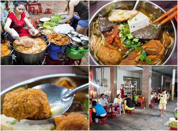 Bảy bún riêu - đường Hậu Giang, quận 6 (18h - 2h)  Tô bún riêu đầy ắp huyết, tàu hũ chiên, riêu, chả... quyện với mùi mắm tôm đậm đà có sức hút đặc biệt với dân Sài Gòn. Thế nên, món ăn khá kén người ăn vào ban đêm do có mắm tôm, dễ làm đau bụng, nhưng tiệm vẫn nườm nượp khách ra vào cho tới khuya. Giá khoảng 25.000 - 40.000 đồng/tô, nêm nếm hơi ngọt, hợp khẩu vị người miền Nam.