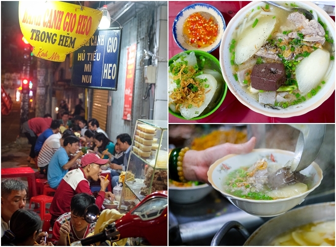 Bánh canh giò heo - đường Lê Quang Định, quận Bình Thạnh (18h - 24h)  Nằm trong hẻm nhỏ, menu không đa dạng nhưng quán lúc nào cũng đông đúc nhờ khúc giò to trong tô bánh canh đầy ắp, có giá tầm 30.000 đồng. Điểm nhấn của quán là nước mắm ngọt chấm giò sền sệt, vắt thêm vài giọt tắc chua chua vào nữa là hết sẩy, khiến bạn nghiện ngay món ăn chóng béo này. Ngoài ra, bạn có thể đổi thành nui, hủ tiếu, mì tùy ý.