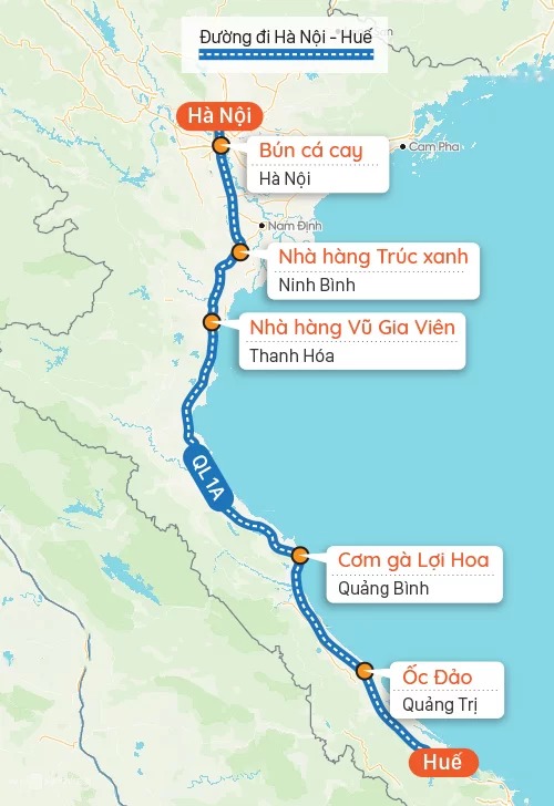 Sơ đồ gợi ý quán ăn trên đường từ Hà Nội đi Huế