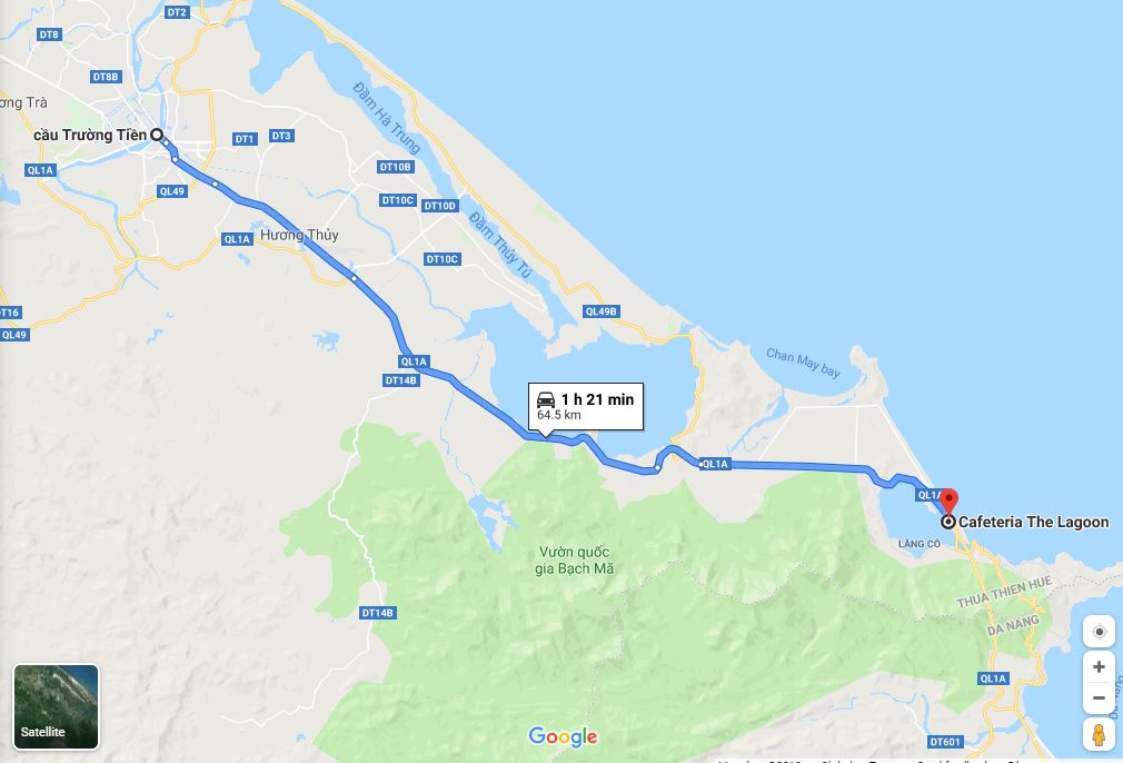 Bản đồ chỉ dẫn đường đi Tuyệt Tình Cốc ở Huế từ trung tâm Huế