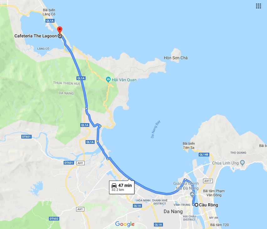 Bản đồ chỉ dẫn đường đi Tuyệt Tình Cốc ở Huế từ Đà Nẵng