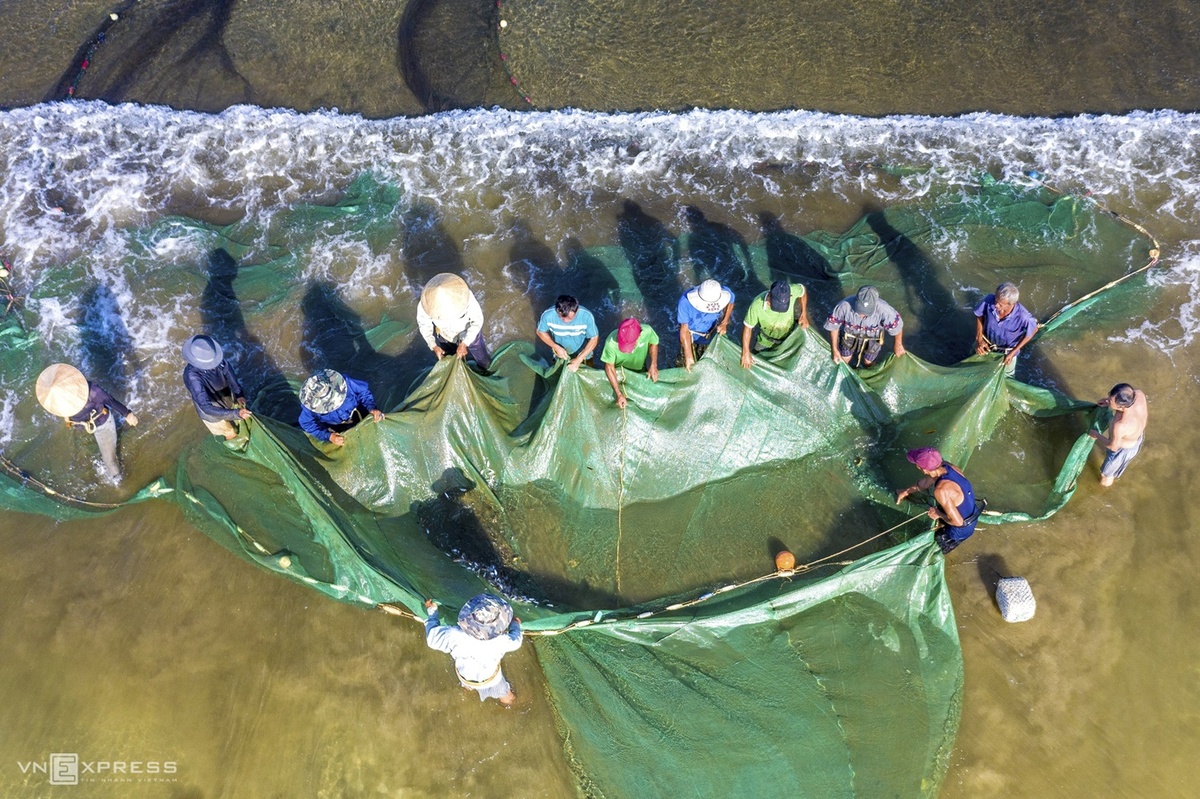 Những tấm lưới rùng được kéo lên bờ và chuẩn bị trút cá, tôm ra sọt.