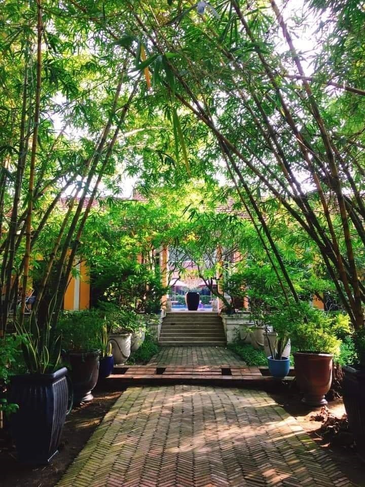 Lối vào resort La Maison De Campagne với hoa giấy