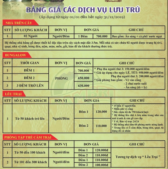 Bảng giá tham khảo dịch vụ lưu trú nhà trên cây Dambri
