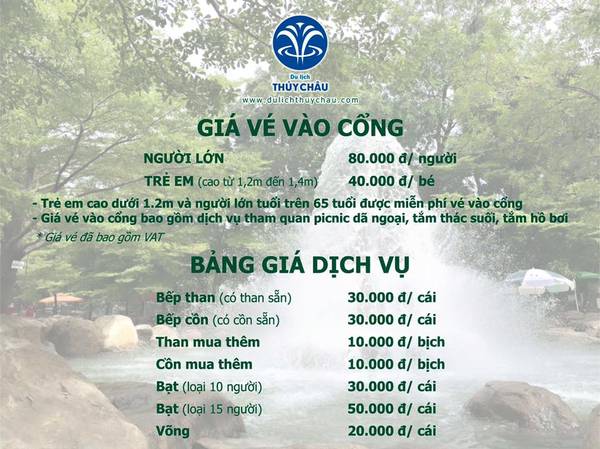 Bảng giá vé tham khảo Khu du lịch Thủy Châu