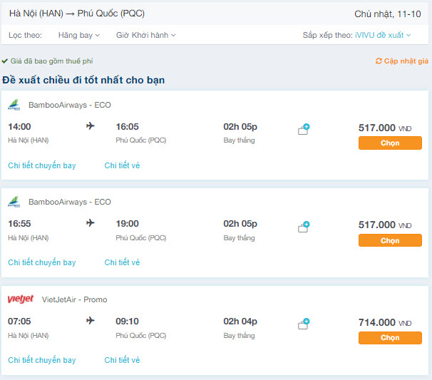 Bảng giá vé máy bay Phú Quốc từ Hà Nội