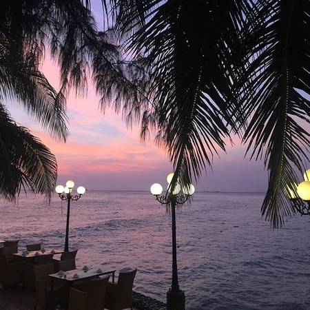 Thưởng thức cà phê tại đây, du khách sẽ được ngắm cảnh hoàng hôn trên biển tuyệt đẹp và thư giãn dưới những tán cọ rợp mát.