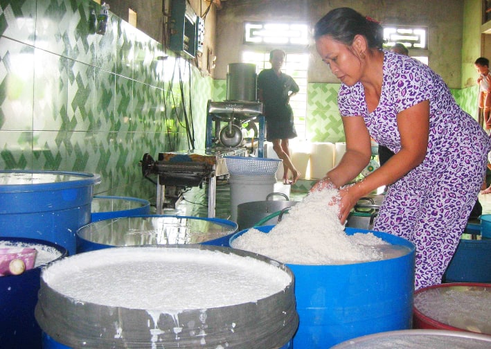 Công đoạn đóng gói bún sạch tại làng bún Vân Cù