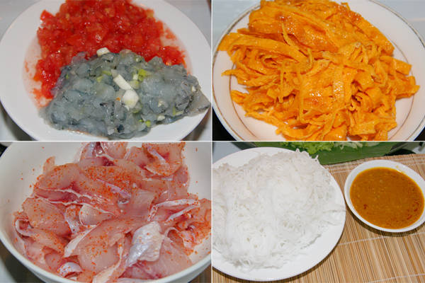 Lẩu thả Phan Thiết được chế biến với nhiều nguyên liệu như cá, trứng chiên, thịt heo, tôm, rau củ