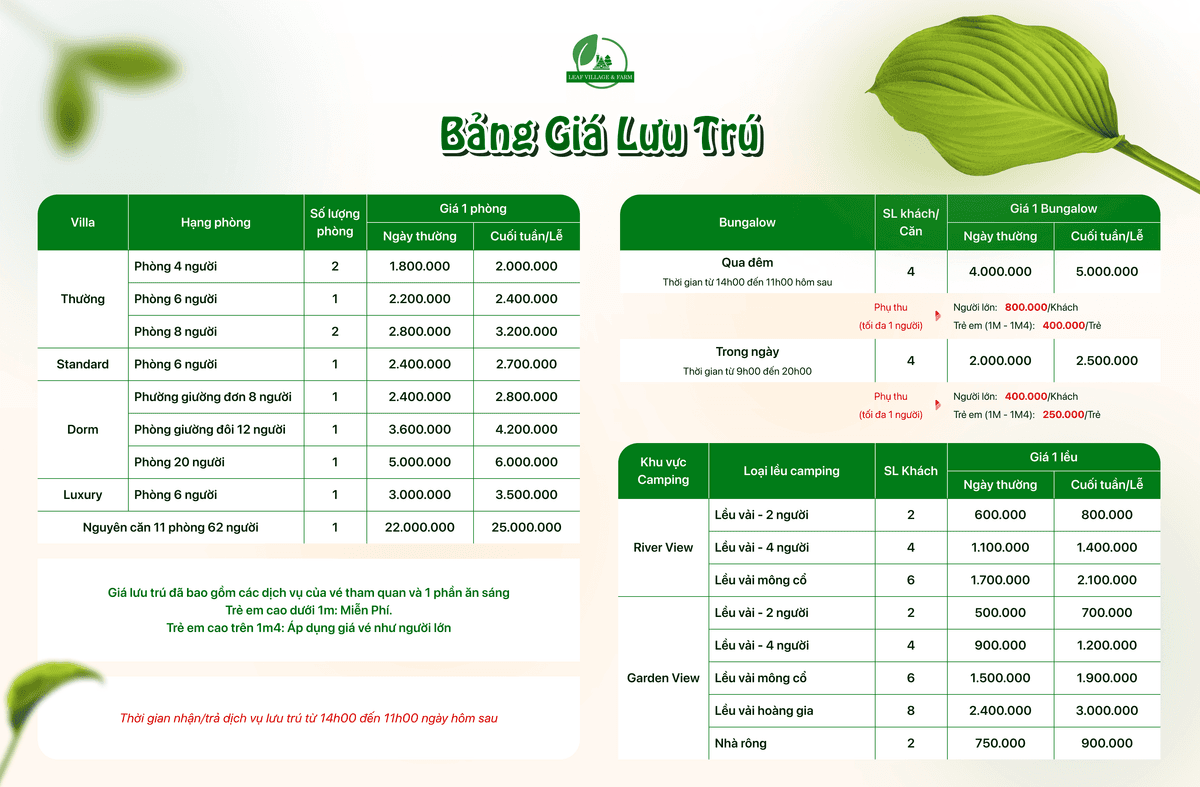 Bảng giá dịch vụ Leaf Village Farm Đà Nẵng