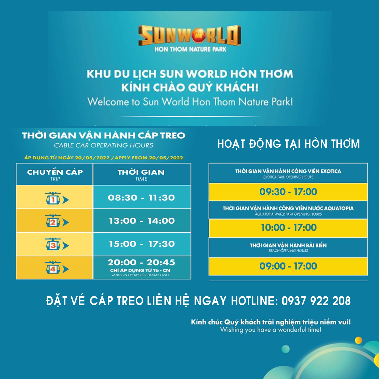 Lịch vận hành cáp treo Hòn Thơm Phú Quốc