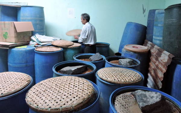Cá muối được cho vào phuy ủ nước mắm Nam Ô