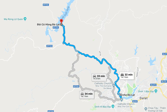 Bản đồ chỉ dẫn đi từ chợ Đà Lạt đến ngắm đồi cỏ hồng Đà Lạt tại hồ Suối Vàng