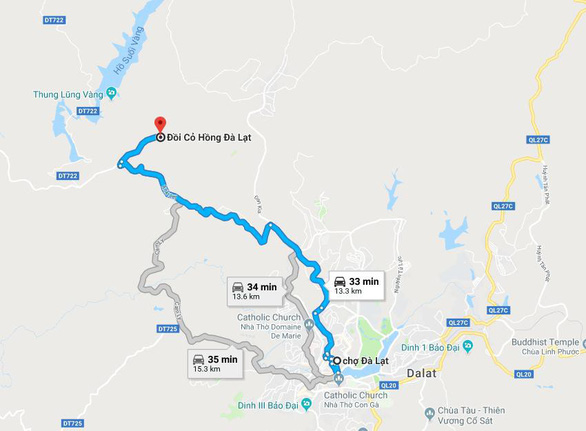 Bản đồ chỉ dẫn đi từ chợ Đà Lạt đến ngắm đồi cỏ hồng gần Thung lũng vàng