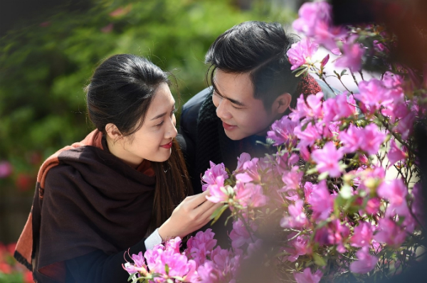 Du khách trẻ ngắm hoa đỗ quyên Fansipan tại Fansipan