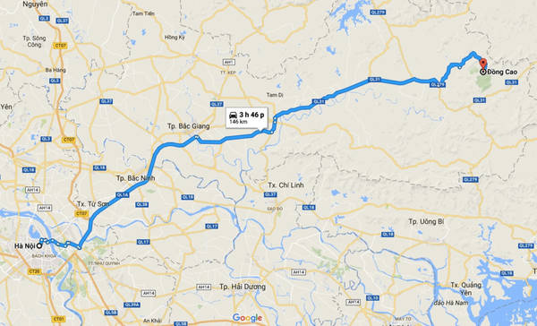 Bản đồ cung đường từ Hà Nội đến Đồng Cao