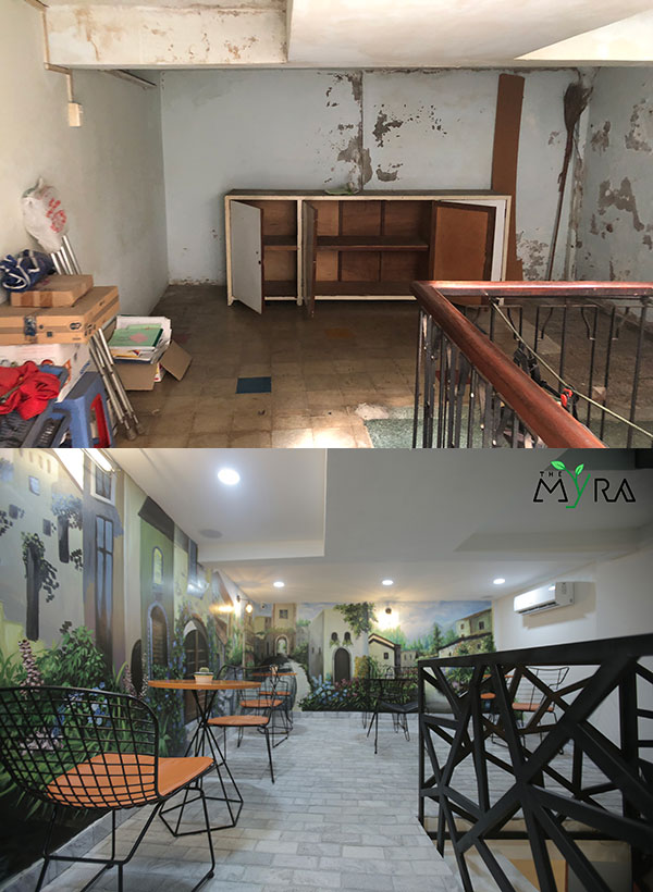 Trước khi cải tạo, ngôi nhà do lâu năm không tu sửa nên đã xuống cấp trầm trọng, tường nhà bị phồng rộp, tróc vữa. Sau khi xử lý, các chi tiết ở The Myra – Coffee & Tea đều mang đậm phong cách châu Âu, tinh tế, sang trọng và có hơi hướng cổ điển, với diện tích hai tầng, thoáng mát.