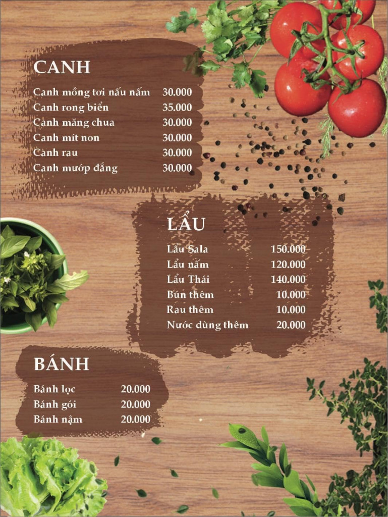 Menu nhà hàng. Ảnh: Fb SaLa Nhà Hàng Chay - Coffee
