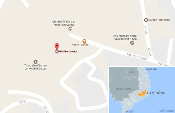 Nhà thờ Cam Ly (chấm đỏ) trên bản đồ. Ảnh: Google Map.m