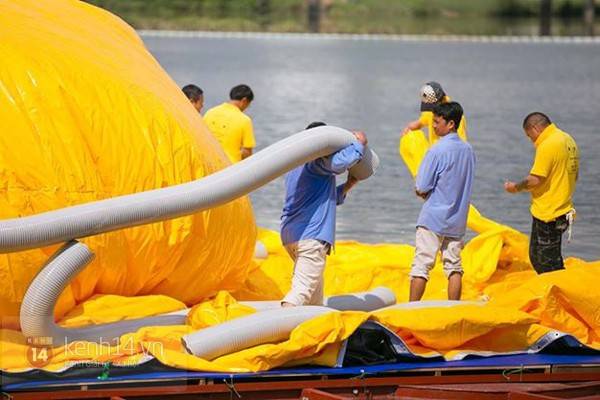 Các ống hơi lớn chuẩn bị để bơm chú vịt khổng lồ này. Các ống hơi lớn chuẩn bị để bơm chú vịt khổng lồ này.