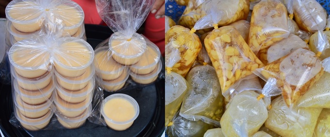 Bánh flan (trái) ở chợ Đông Ba, chợ Cống... có giá 4.000 đồng một hộp. Mếu mua một lần 10 hộp, bạn sẽ được giảm còn 35.000 đồng (tùy người bán). Các loại chè bì (chè bịch) có giá 3.000 đồng, có ở khắp các chợ, gồm chè đậu ván, đậu xanh, chè bắp...