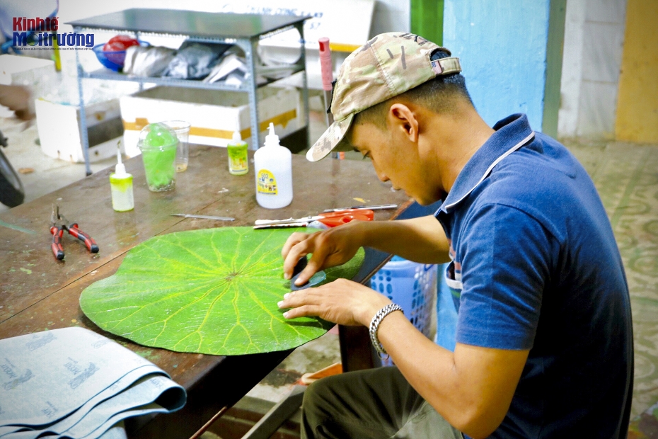 Kỳ công sơ chế lá sen. Ảnh: Kinh tế môi trường.