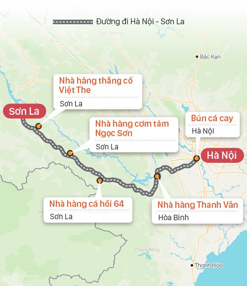 Bản đồ quán ăn ngon Hà Nội Sơn La dọc tuyến đường