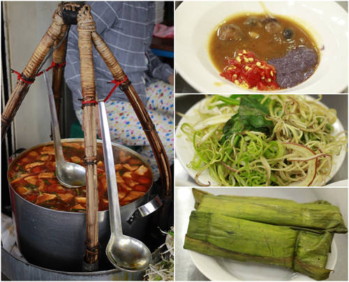 Nước dùng bún riêu Bến Thành màu vàng, nêm nếm vừa ăn, rau đã trụng sẵn và chả cây ăn kèm.