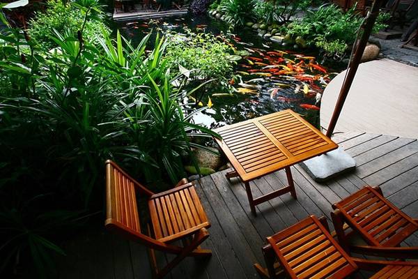 Không gian nội thất và ngoại thất hoà lẫn vào nhau tạo nên sự khoáng đạt. Vật liệu chủ đạo của quán là đá, nước và gỗ. Ngồi ở vị trí nào bạn cũng có thể nhìn thấy cá.